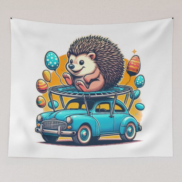 Item preview, hedgehog with car and trampoline Easter Funny animals designed and sold by Expressions-Sel.