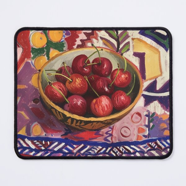 Item preview, Henri Matisse inspiration, bowl of cherries, colorful patterned rug designed and sold by NathalieTecher.