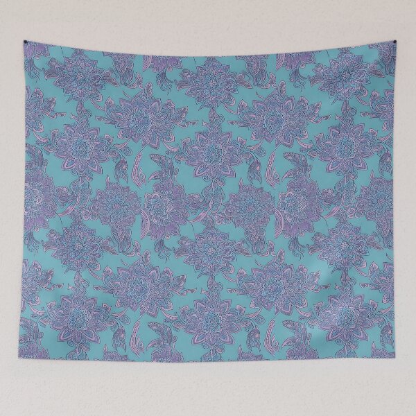 Item preview, Retro floral splendor abstract design on a turquoise background with purple accents designed and sold by Frostquest.