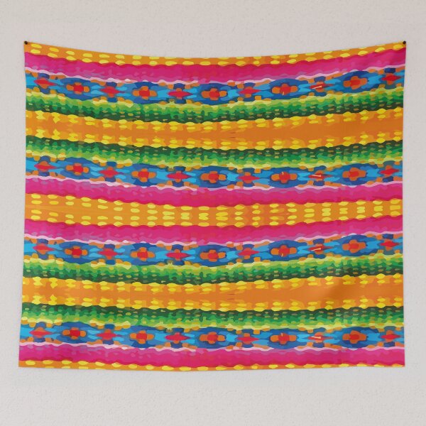 Item preview, Yellow pink stripes mexican colorful folk art textile maximalist decor dopamine dressing designed and sold by T-Mex.
