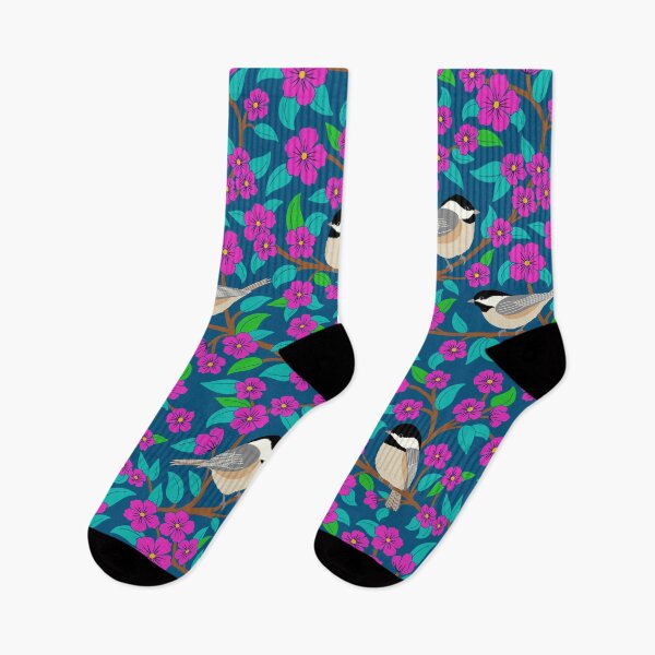 Item preview, Chickadee birds among the purple flowers designed and sold by Jennifer Ladd.