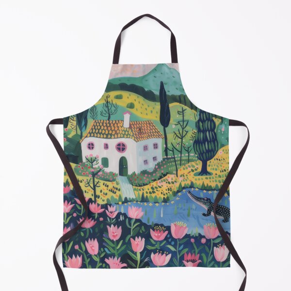 Item preview, Cute farm cottage scene with a crocodile in amongst a field of pretty flowers designed and sold by PrettyPinkSkies.