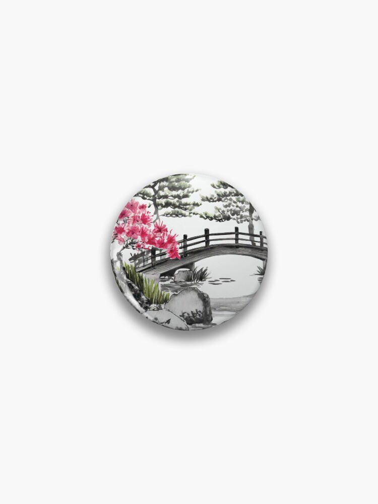 Thumbnail 1 von 3, Button, Tranquil Sumi-e Serenity Lake Bridge designt und verkauft von Marithrax.