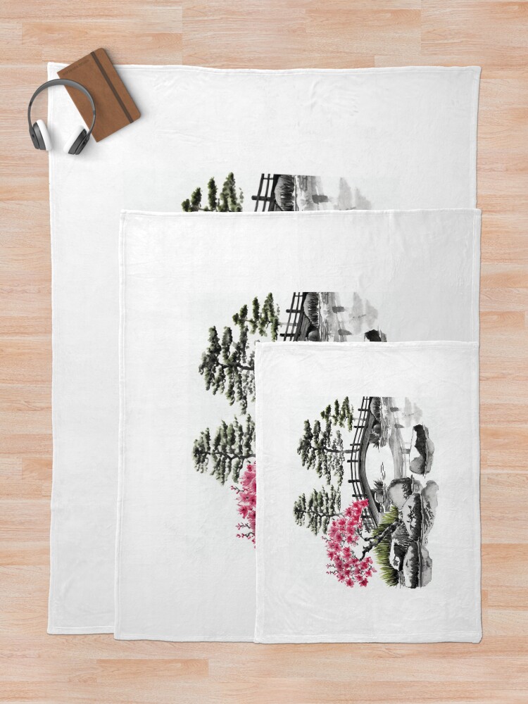 Aperçu 5 sur 6. Plaid avec l'œuvre Tranquil Sumi-e Serenity Lake Bridge créée et vendue par Marithrax.