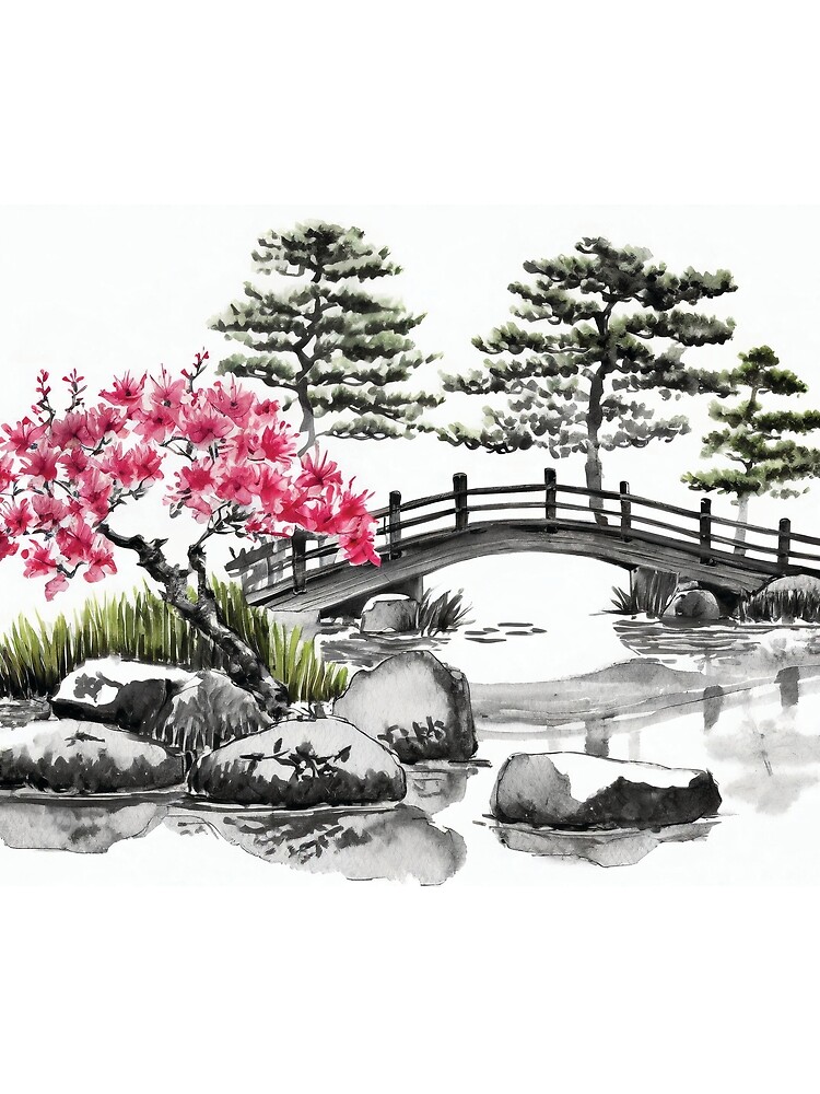 Thumbnail 3 von 3, Tuch, Tranquil Sumi-e Serenity Lake Bridge designt und verkauft von Marithrax.