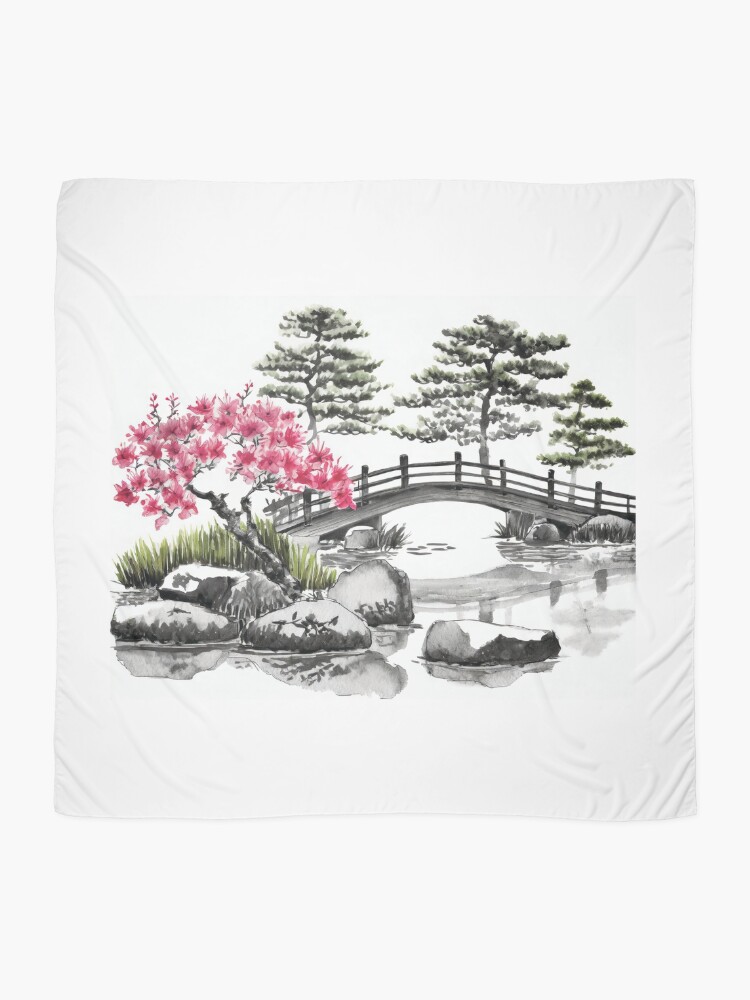 Thumbnail 2 von 3, Tuch, Tranquil Sumi-e Serenity Lake Bridge designt und verkauft von Marithrax.