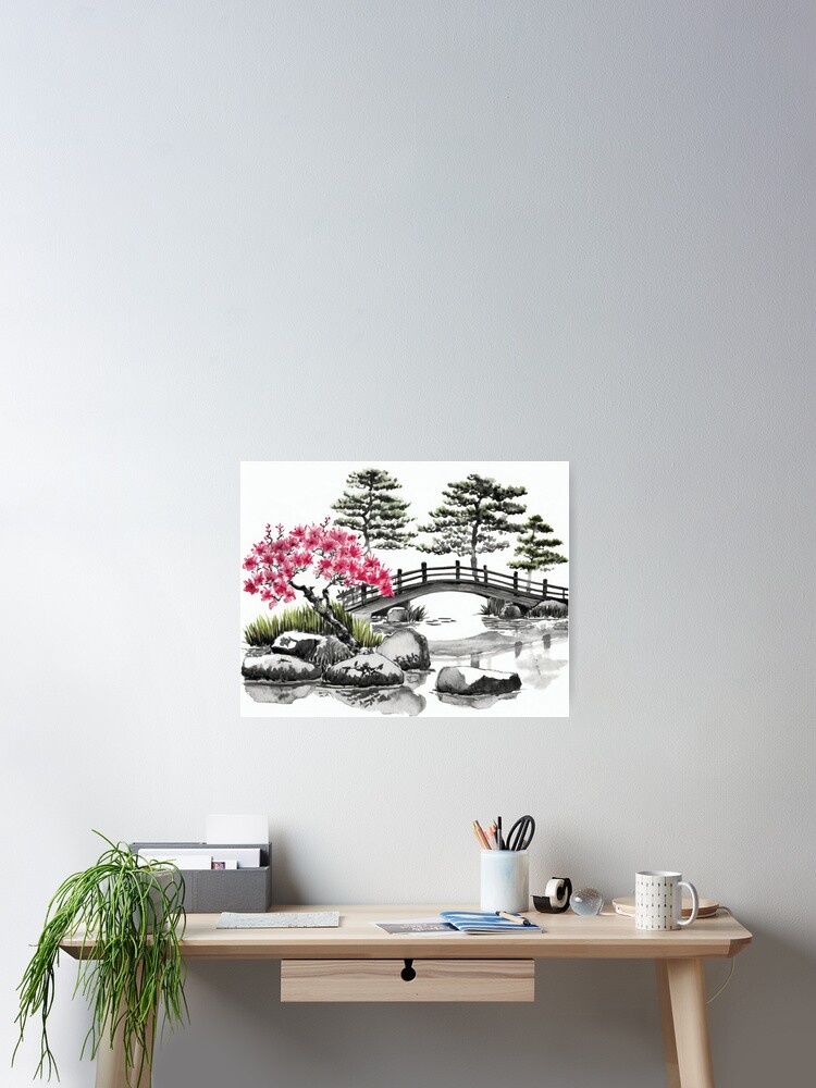 Thumbnail 2 von 3, Poster, Tranquil Sumi-e Serenity Lake Bridge designt und verkauft von Marithrax.