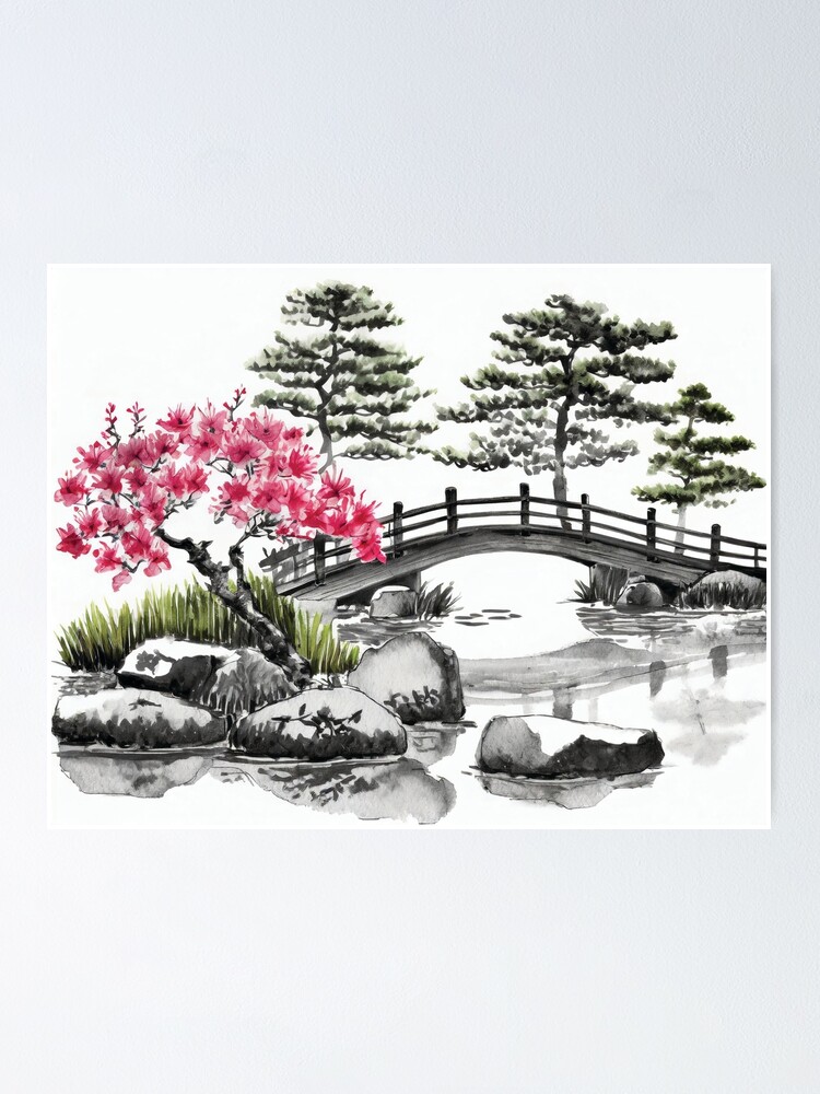 Thumbnail 1 von 3, Poster, Tranquil Sumi-e Serenity Lake Bridge designt und verkauft von Marithrax.
