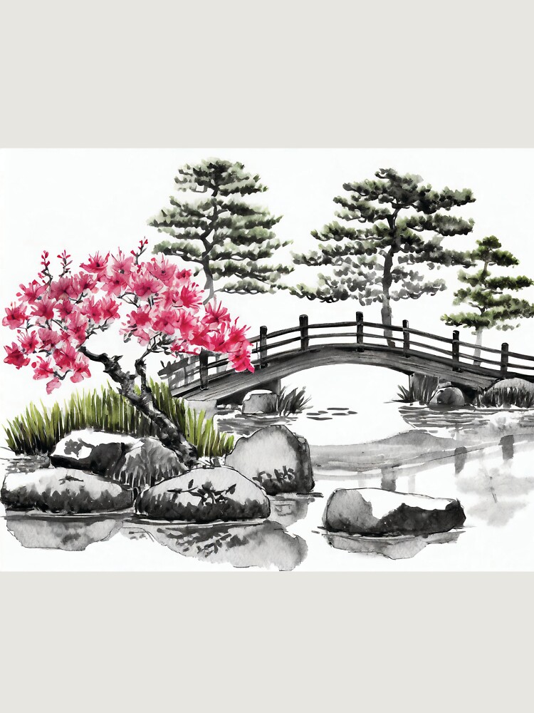 Thumbnail 6 von 6, Premium Oversized Pullover, Tranquil Sumi-e Serenity Lake Bridge designt und verkauft von Marithrax.