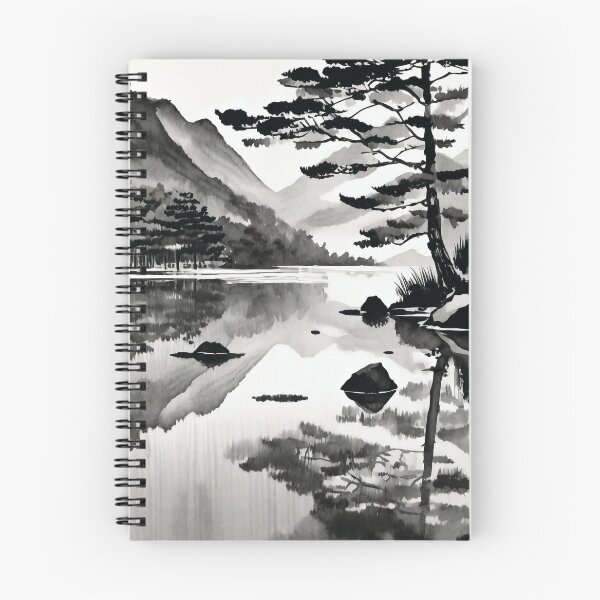 Aperçu de l'œuvre Tranquil Sumi-e Serenity Lake Mountains  créée et vendue par Marithrax.