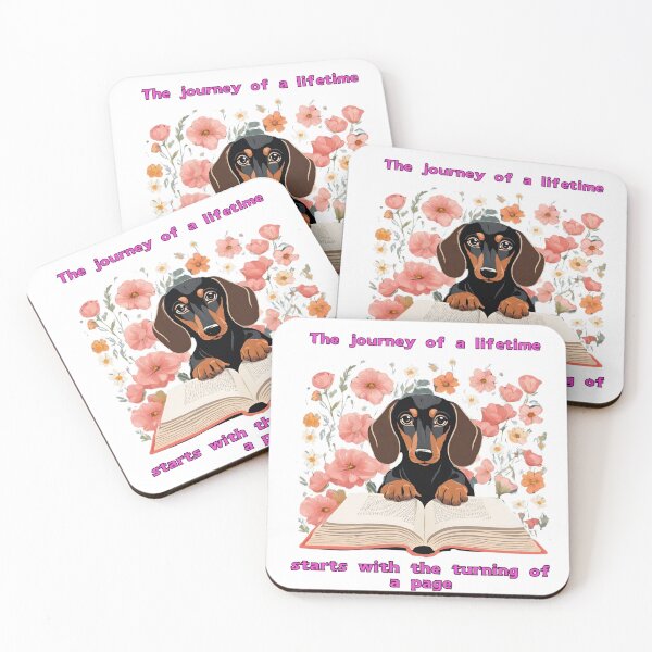 Item preview, "The journey of a lifetime starts with the turning of a page" Dachshund Dogs and Book Quotes designed and sold by GoodyPaws.