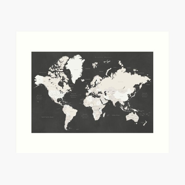 Vista previa del artículo con la obra «Mapa mundial de pizarra con países y estados etiquetados», diseñado y vendido por blursbyai.