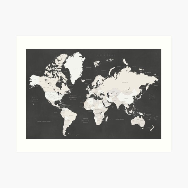 Chalkboard world map with countries and states labelled Art Print