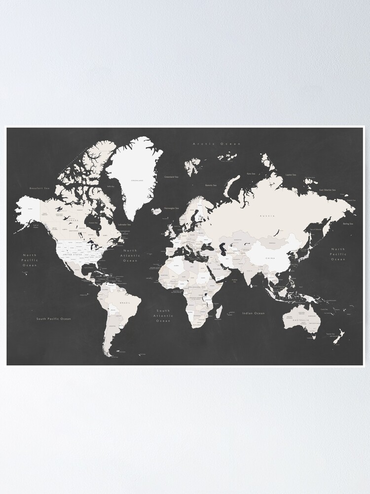 Chalkboard World Map With Countries And States Labelled Poster By Blursbyai Redbubble