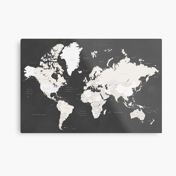 Chalkboard world map with countries and states labelled Metal Print