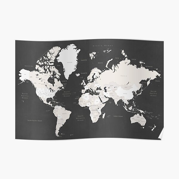 Chalkboard world map with countries and states labelled Poster