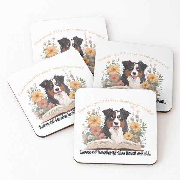 Item preview, "There are many little ways to enlarge your world. Love of books is the best of all." Miniature Australian Shepherd Dogs and Book Quotes designed and sold by GoodyPaws.