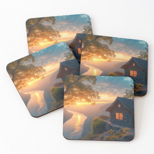 Item preview, Cozy stone cottage by a river at sunrise designed and sold by Artessie.
