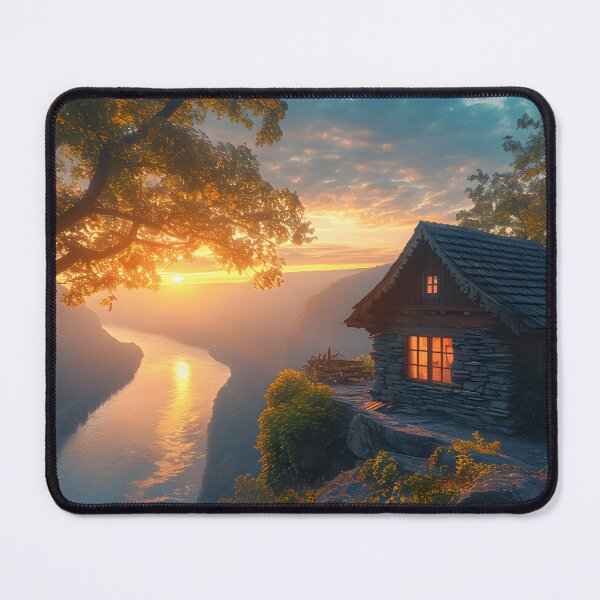 Item preview, Cozy stone cottage by a river at sunrise designed and sold by Artessie.