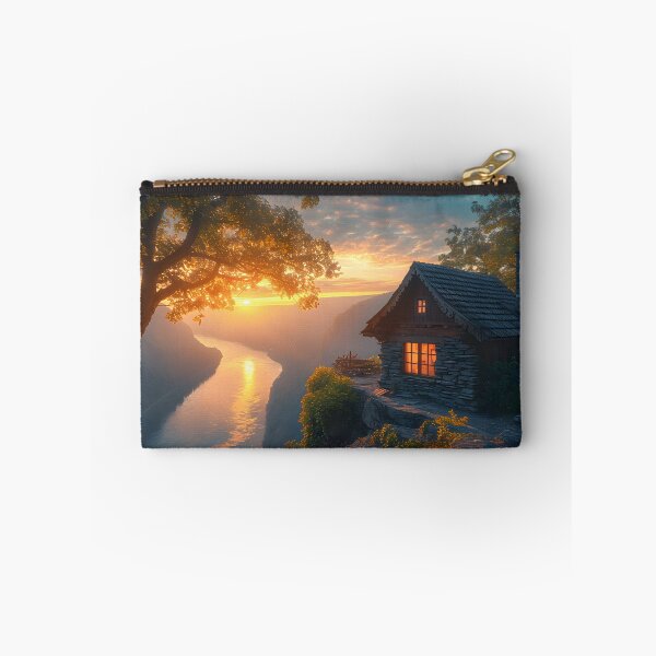 Item preview, Cozy stone cottage by a river at sunrise designed and sold by Artessie.