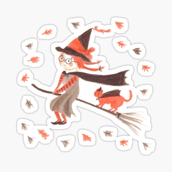Cute Witch and Cat Illustration Sticker
