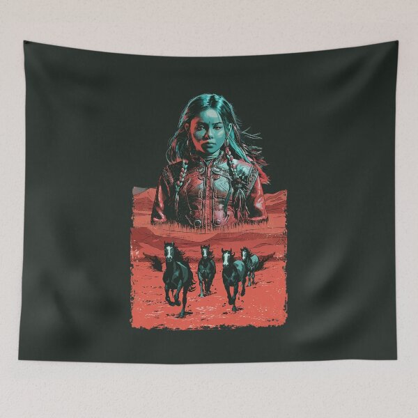 Item preview, Mystical Native Girl and Wild Horses - Evocative Western Wilderness Illustration designed and sold by RuyaFab.