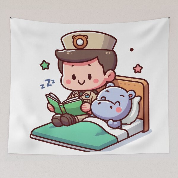 Item preview, Kawaii Zookeeper Reading Bedtime Stories To A Sleepy Baby Hippo With A Bedtime Storybook designed and sold by CanvasCutie.