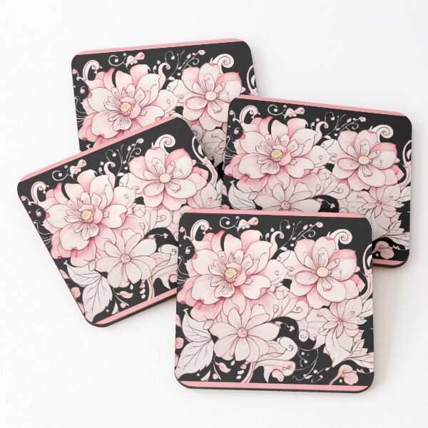Item preview, Pink watercolour flowers on black designed and sold by Flowersonstuff.