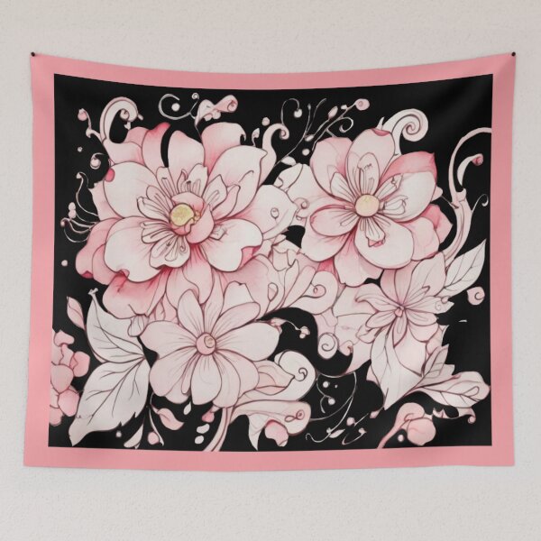 Item preview, Pink watercolour flowers on black designed and sold by Flowersonstuff.