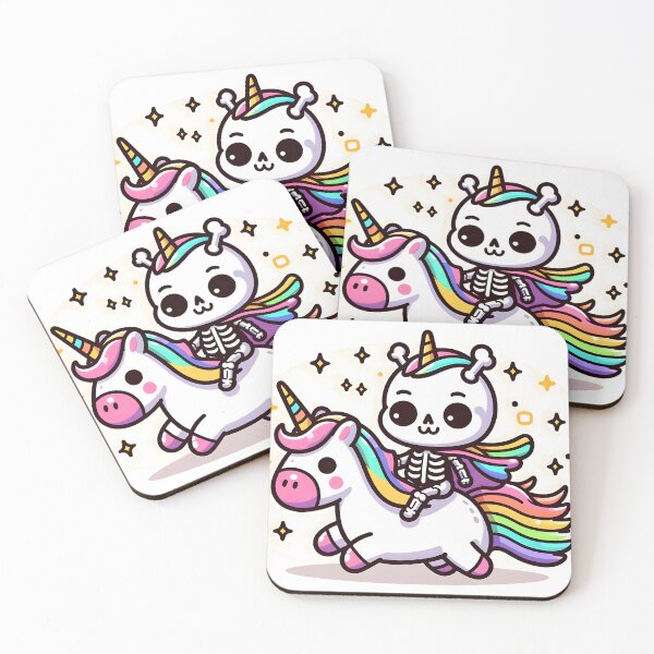 Item preview, Kawaii Silly Skeleton With Unicorn Horn And Rainbow Cape Riding A Unicorn designed and sold by CanvasCutie.