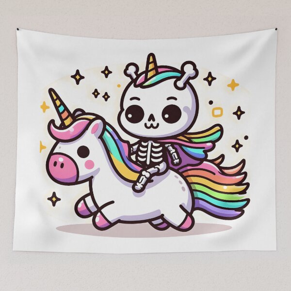 Item preview, Kawaii Silly Skeleton With Unicorn Horn And Rainbow Cape Riding A Unicorn designed and sold by CanvasCutie.