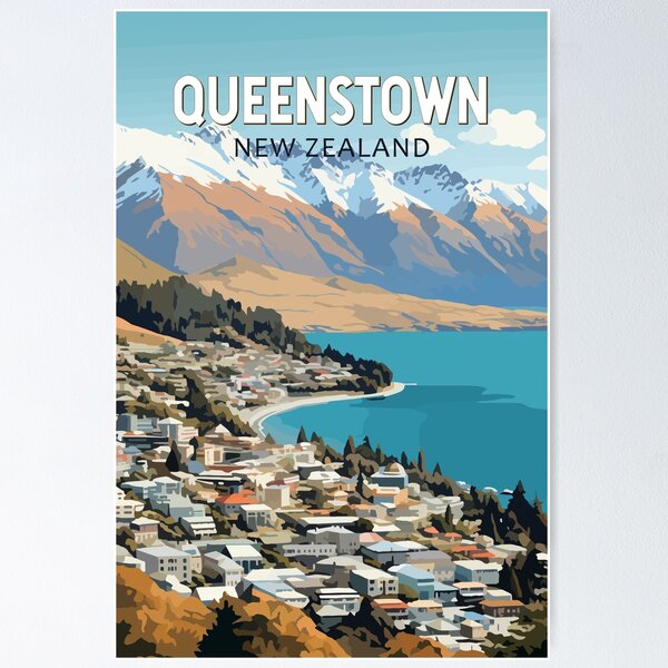 Vista previa del artículo con la obra «Queenstown Nueva Zelanda Viajes Arte Vintage», diseñado y vendido por KrisSidDesigns.