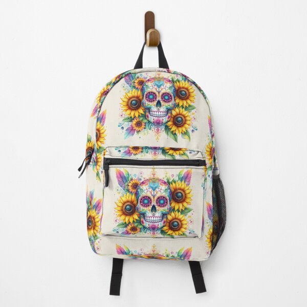 Item preview, Sugar skull with sunflowers and colorful feathers designed and sold by Margival.
