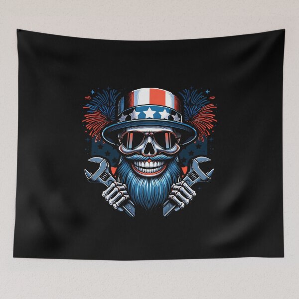 Item preview, USA Patriotic American Flag Bearded Skull Mechanic Auto Cars Racing Garage 4th of July Independence Day Cool Skull Beard designed and sold by CarantinedChaos.