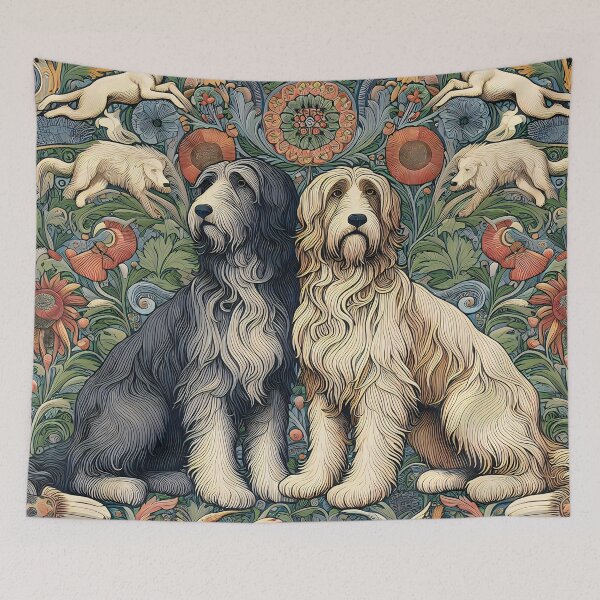 Artikelvorschau, Textilkunst mit dekorativen Hunden, inspiriert von William Morris. entworfen und verkauft von CinEmmaDesign.