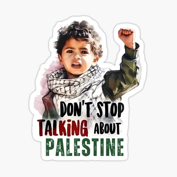 Vista previa del artículo con la obra «No dejéis de hablar de Palestina», diseñado y vendido por Abdu  Innovations.