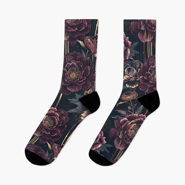Item preview, Mid Century Modern Peony Flower Pattern Burgundy Plum Deep Dark Indigo and Gold designed and sold by patterncrow.