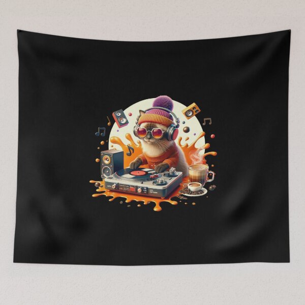 Item preview, DJ Cat: Retro Vibes & Coffee Beats - Urban Chic Art designed and sold by BlueGoldArt.