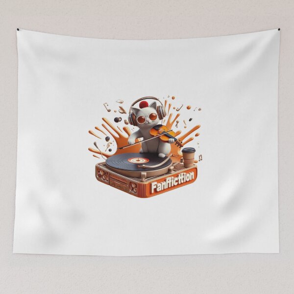 Item preview, Fanfiction is me Dj cat with coffee retro vinyl designed and sold by BlueGoldArt.