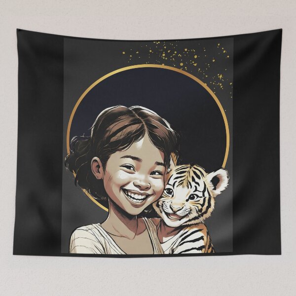 Item preview, Girl and Tiger Artwork, Just around the Corner Paradise Art for JWs, Jehovahs Witnesses Merch designed and sold by CottonKandyShop.