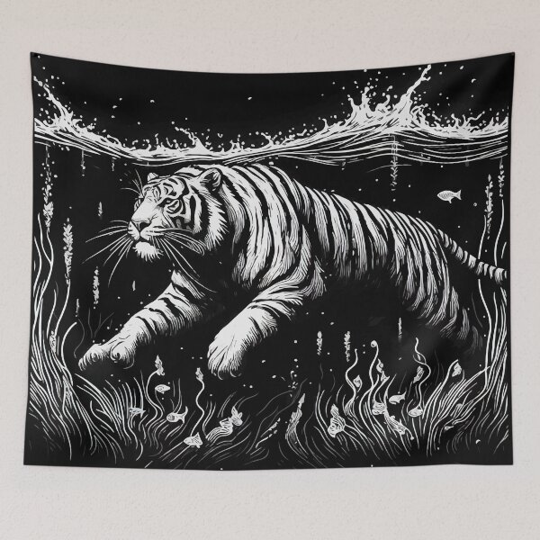 Item preview, Monochromatic Outline Swimming Tiger in Water designed and sold by TomFrontierArt.