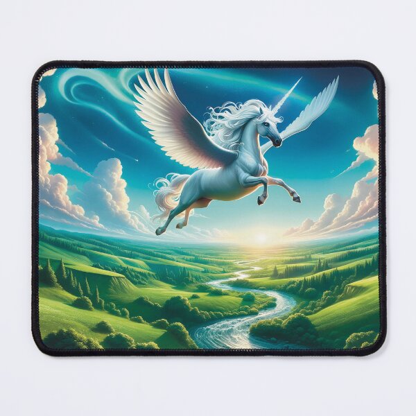Item preview, Mythical unicorn flying over lush landscape painting designed and sold by lozsart.