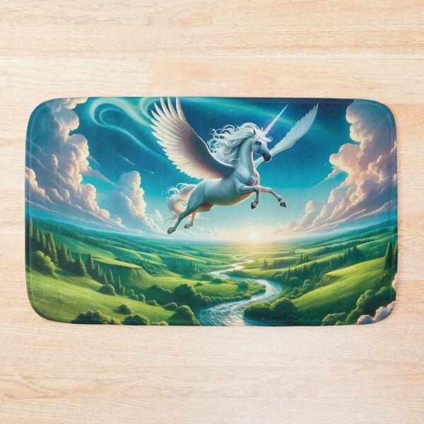Item preview, Mythical unicorn flying over lush landscape painting designed and sold by lozsart.