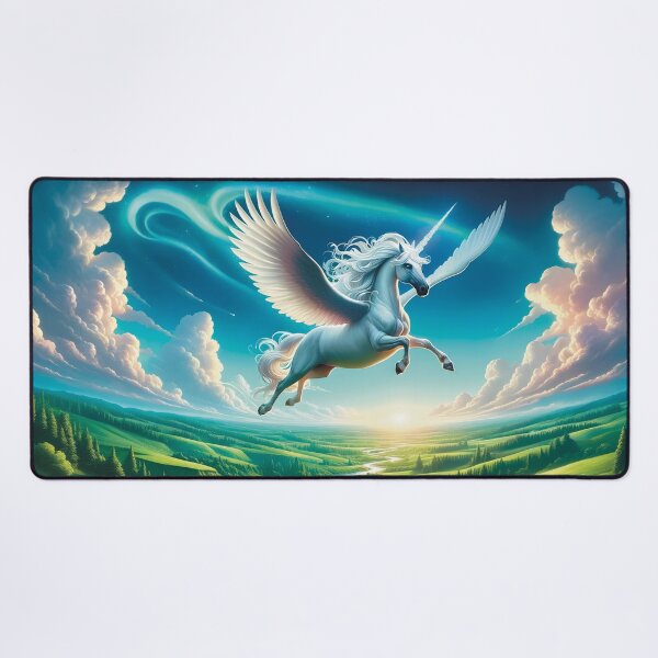 Item preview, Mythical unicorn flying over lush landscape painting designed and sold by lozsart.