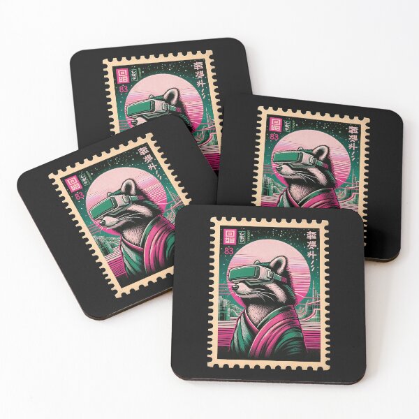 Item preview, Raccoon with Vision Pro, retro art poster on a postage stamp designed and sold by PrintyArts.