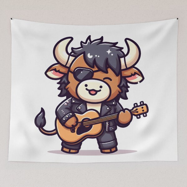 Item preview, Kawaii Delightful Minotaur With Rockstar Leather Jacket Playing Guitar designed and sold by CanvasCutie.