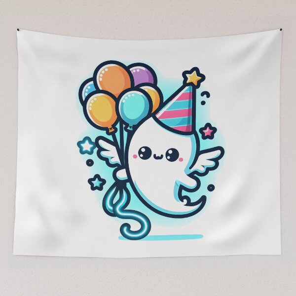 Item preview, Kawaii Luminous Banshee With Party Hat Floating With A Bunch Of Colorful Balloons designed and sold by CanvasCutie.