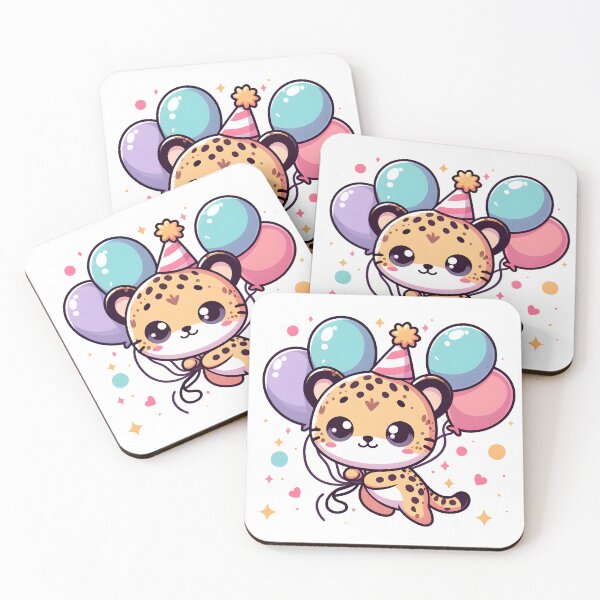 Item preview, Kawaii Cheetah Wearing A Party Hat Floating With Balloons designed and sold by CanvasCutie.