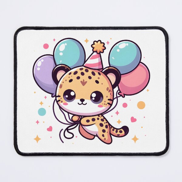Item preview, Kawaii Cheetah Wearing A Party Hat Floating With Balloons designed and sold by CanvasCutie.