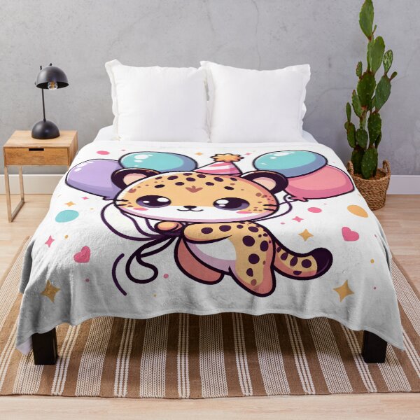 Item preview, Kawaii Cheetah Wearing A Party Hat Floating With Balloons designed and sold by CanvasCutie.